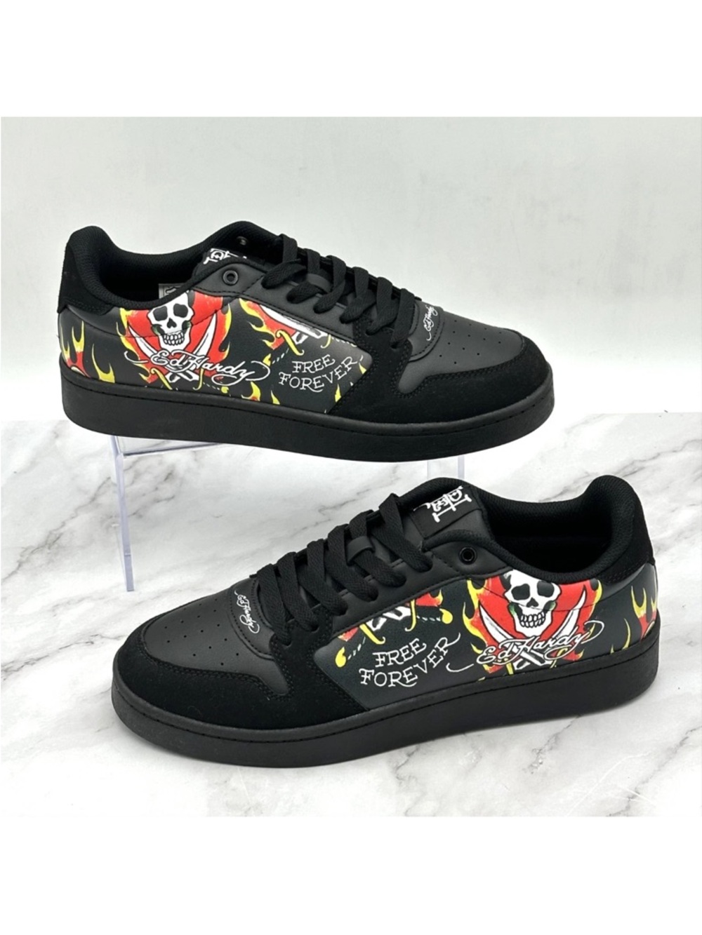 Ed Hardy EH Court-T Shoes Mens 10.5 Black Skulls Flames Graphic Free Forever